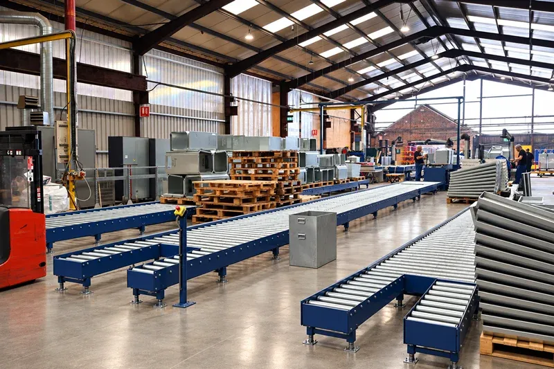 Amber Industries roller conveyor installation for handling manufactured street furniture and pallets